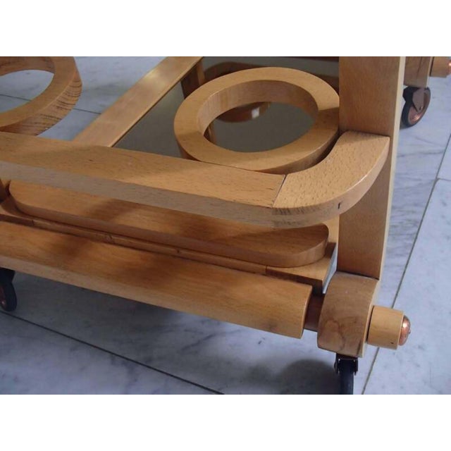 Bar Trolley in Light Oak with Copper Accents and Removable Serving Tray, 1940s For Sale - Image 3 of 10