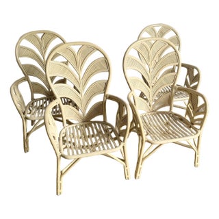 Boho Chic Coastal Sculpted Palm Frond Rattan Dining Arm Chairs - Set of 4 For Sale