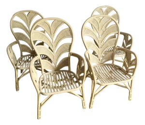 Boho Chic Coastal Sculpted Palm Frond Rattan Dining Arm Chairs - Set of 4