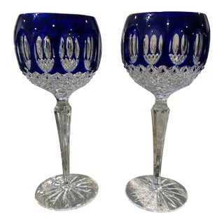 1980s Pair of Cobalt Blue and Clear Cut Crystal Godinger Edinburgh Hock Wine Glasses For Sale