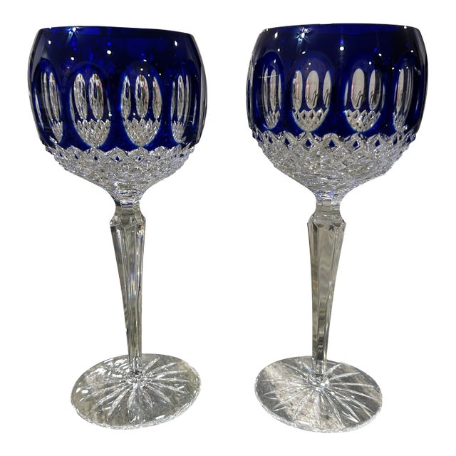1980s Pair of Cobalt Blue and Clear Cut Crystal Godinger Edinburgh Hock Wine Glasses For Sale