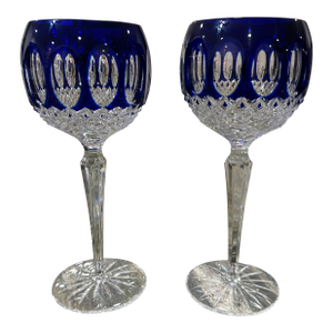 1980s Pair of Cobalt Blue and Clear Cut Crystal Godinger Edinburgh Hock Wine Glasses