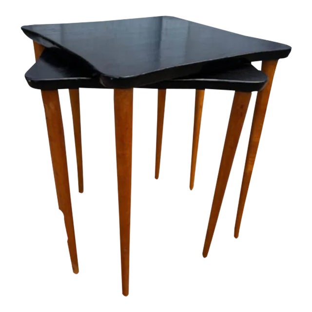 Mid 20th Century Pair Mid Century Modern Teak and Black Painted Top 2 Stacking Tables For Sale