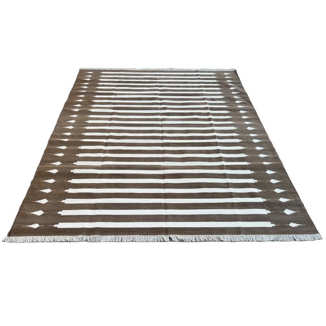 Handwoven Cotton Area Rug, Natural Vegetable Dyed, Brown and White Striped Dhurrie - 12'x15' For Sale - Image 9 of 10