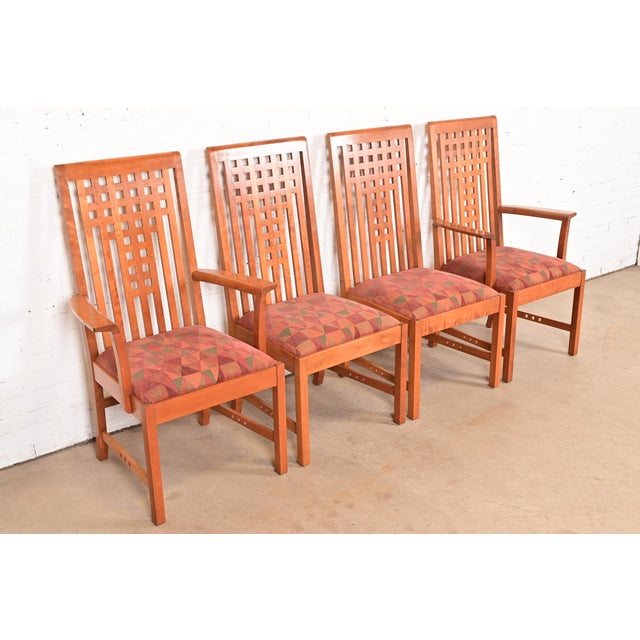 L. & J.G. Stickley, Inc. Stickley Mission Arts & Crafts Cherry Wood Dining Chairs in the Manner of Frank Lloyd Wright, Set of Four For Sale - Image 4 of 14