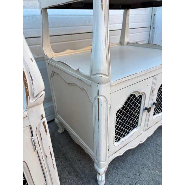 Vintage French Country Nightstands, Pair of Distressed White Bedside Cabinets With Wire Mesh Doors, Cottage Farmhouse Furniture, Shabby Chic For Sale In New York - Image 6 of 12
