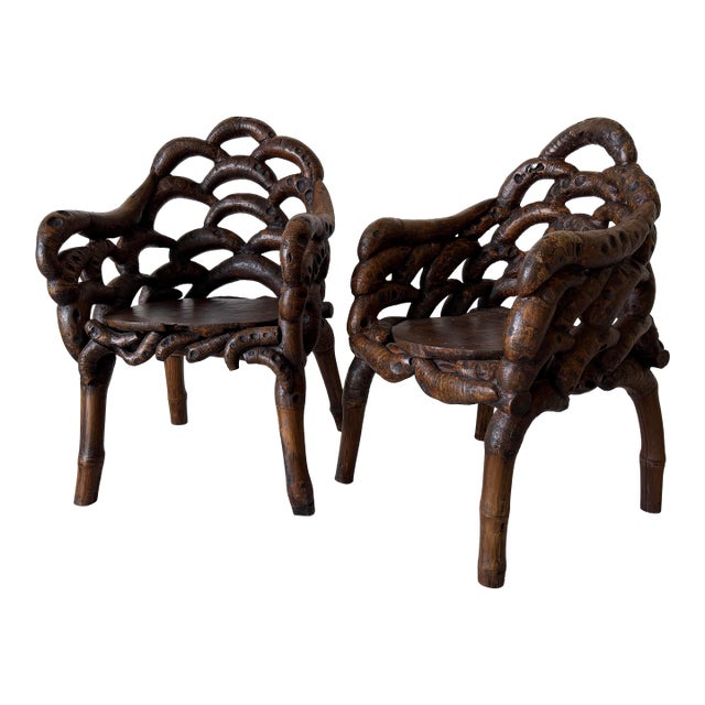 Vintage Chinese Organic Root Bamboo Rustic Club Armchairs – A Pair For Sale