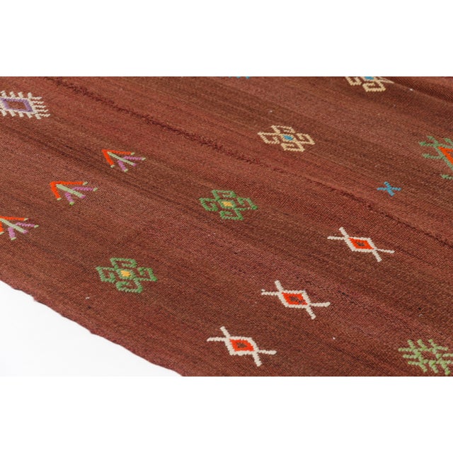 Textile Mid 20th Century Handwoven Brown Tribal Rug With Colorful Motifs For Sale - Image 7 of 10