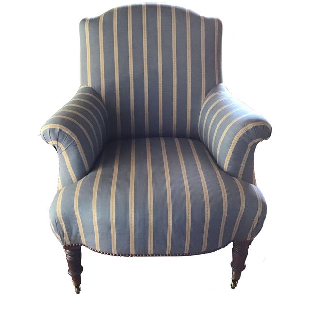 French Vintage French Napoleon III Curved Back Armchair With Matching Ottoman Covered With Osborne & Little Mid Blue & Yellow Striped Silk Moiré. For Sale - Image 3 of 13