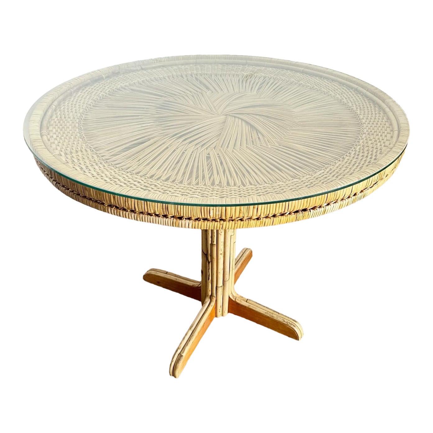 Boho Chic Buri Rattan Top Bamboo Glass Top Dining Table | Chairish