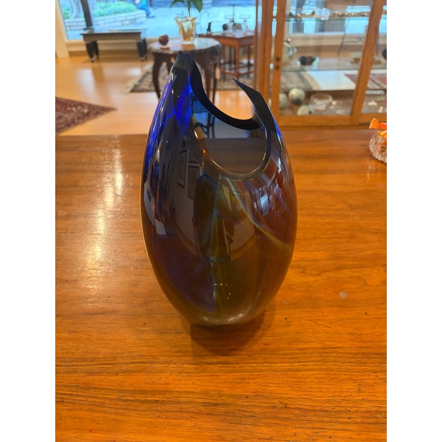 Glass Peter VanderLaan Cobalt Blue Sculptural Studio Art Glass Vase For Sale - Image 7 of 9