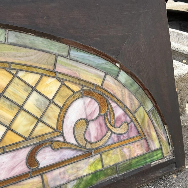 Wood Antique Art Nouveau Colored Stained Glass Fruit 27 X 75 Arched Transom Window, A For Sale - Image 7 of 18