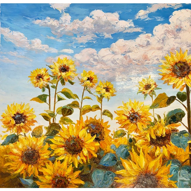 2020s Sunflower Field Under Blue Skies — Original Oil Painting, Unstretched, 30" × 40" For Sale - Image 5 of 7
