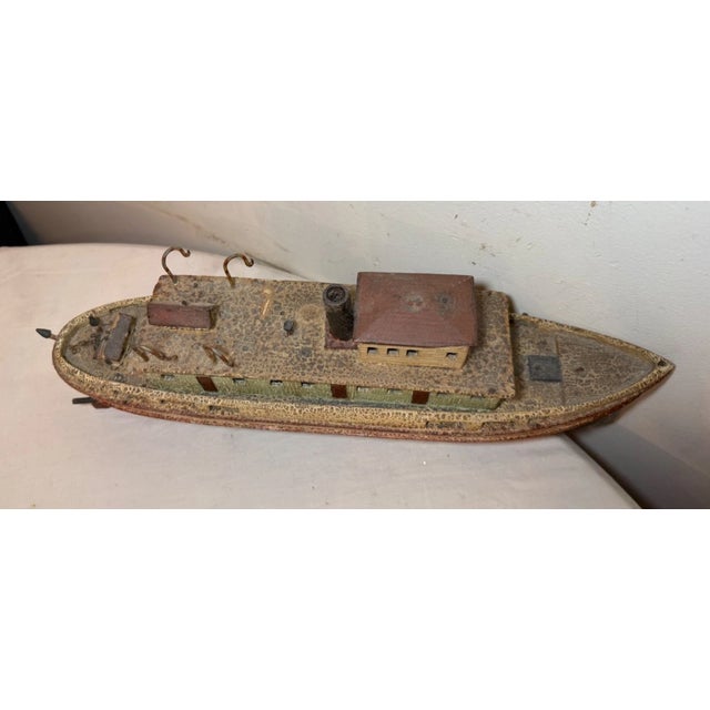 Rare Antique Handmade Carved Wood Folk Art Boat Model Tug Boat Ship Schiff For Sale - Image 10 of 18