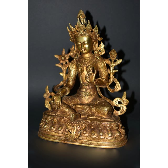 Asian Antique Green Tara Tibetan Gilt Bronze 12" For Sale - Image 3 of 12