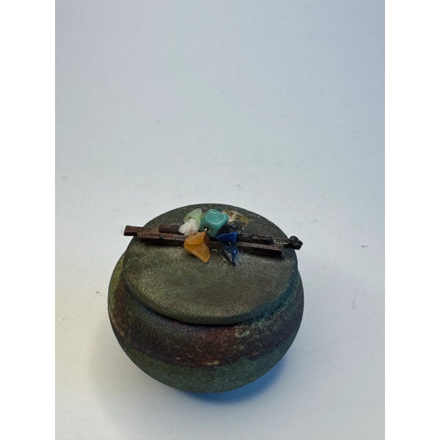 Mid 20th Century Modern Asian Small Raku & Polished Stones Lidded Jar For Sale - Image 5 of 10