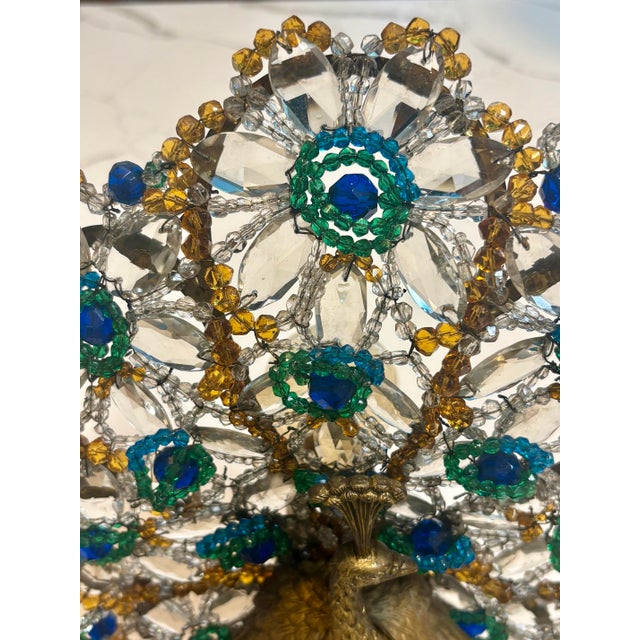 Brass VIntage Art Deco Crystal and Brass Czechoslovakian Beaded Peacock Lamp For Sale - Image 8 of 14