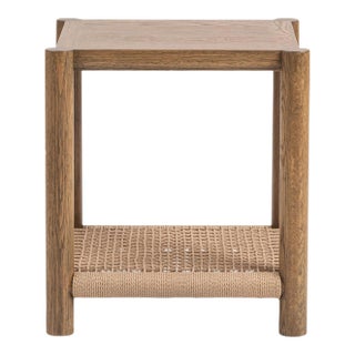 Contemporary Coastal Woven Shelf Oak Side Table For Sale