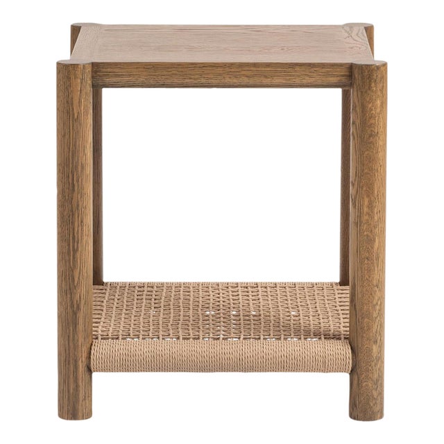 Contemporary Coastal Woven Shelf Oak Side Table For Sale