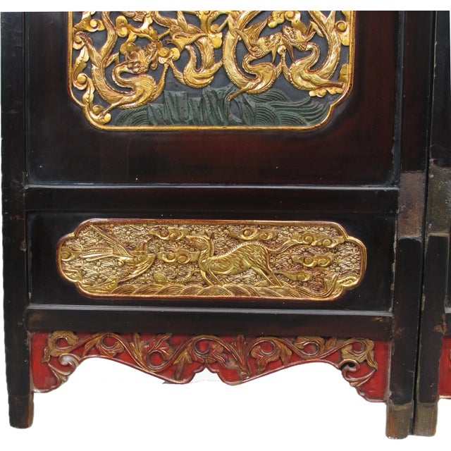 Antique Chinese Room Divider W Hand Carved & Gilded Dragons on Both Sides - Set of 4 For Sale - Image 11 of 13