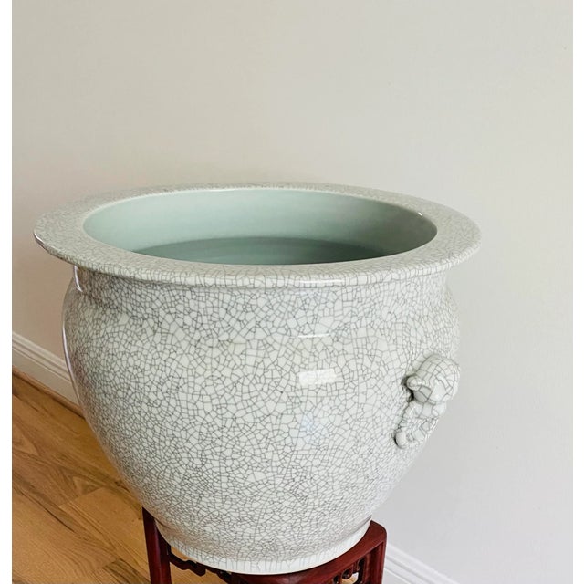 Chinese Mid 20 Th C Large Chinese Planter Crackled Porcelain With Lion Handles For Sale - Image 3 of 7