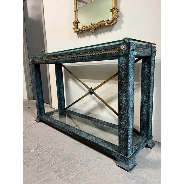 Maitland - Smith Vintage Neoclassical Verdigris Wood, Brass and Glass Tiered Console Table For Sale - Image 4 of 11