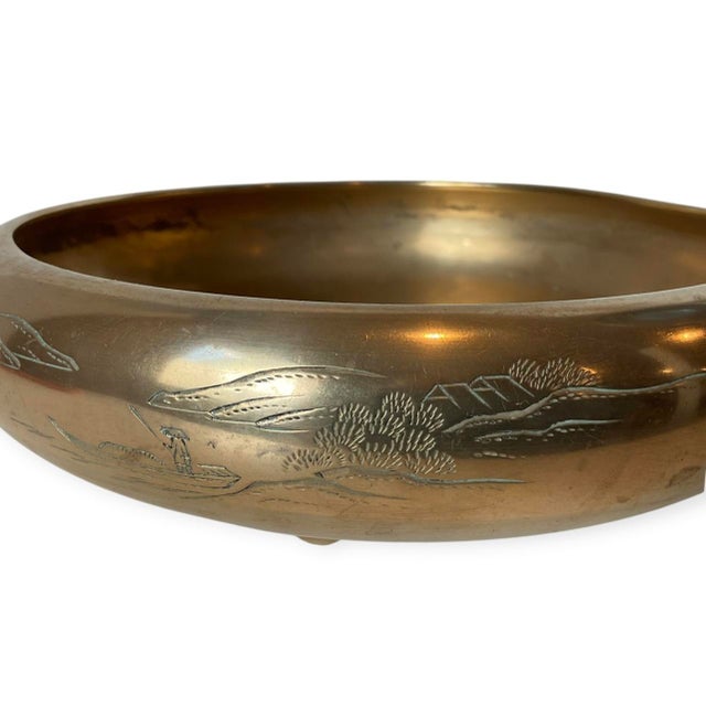 Vintage Brass Asian Landscape Bowl Engraved Chinoiserie Decor 9.25” For Sale - Image 10 of 11