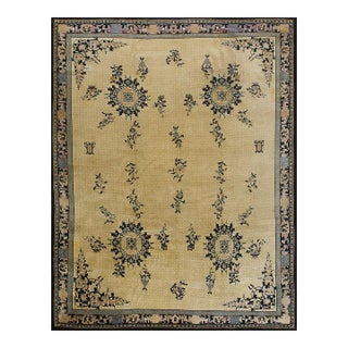 1920s Beige Geometric Antique Chinese Peking Hand Knotted Rug 11'6" X 14'9" For Sale