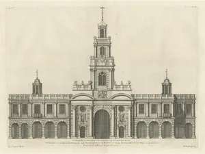 Entrance Facade of the Royal Exchange, 1725, Engraving on Paper