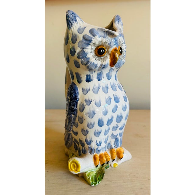 Vintage Mid Century Blue & White Hand Painted Ceramic Owl Pitcher For Sale - Image 9 of 11
