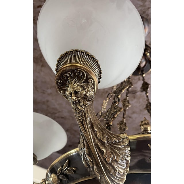 Vintage French Neoclassical / Empire Style Gilt Bronze Chandelier With Tortoiseshell Patterned Bowl and Translucent Glass Shades For Sale - Image 4 of 7