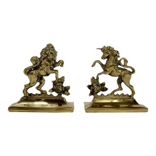 Vintage Victorian Brass Scotland Rose, Lion and Unicorn Bookends, a Pair For Sale