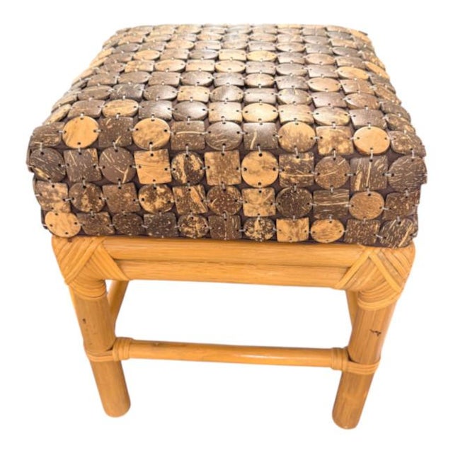 Chippendale Vintage Rattan & Coconut Shell Stool / Ottoman For Sale - Image 3 of 8