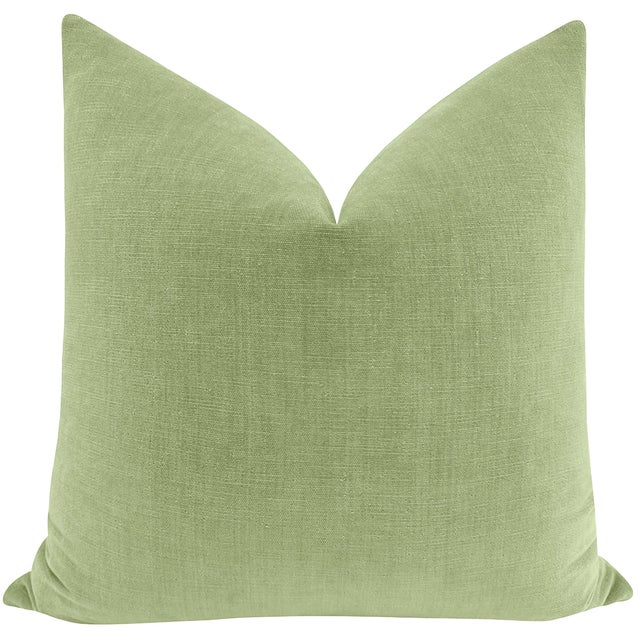Pair of beautiful custom-made designer chenille pillows in celadon. Meticulously handcrafted with serged interior seams,...