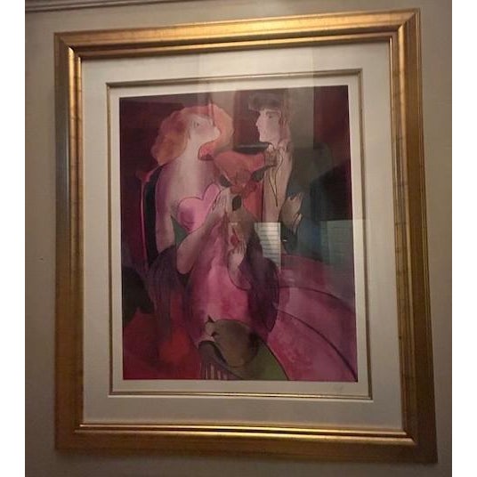 Vintage Framed "L'Éventail" Portrait of Couple by Linda Le Kinff in Gold Frame For Sale In Columbia, SC - Image 6 of 6