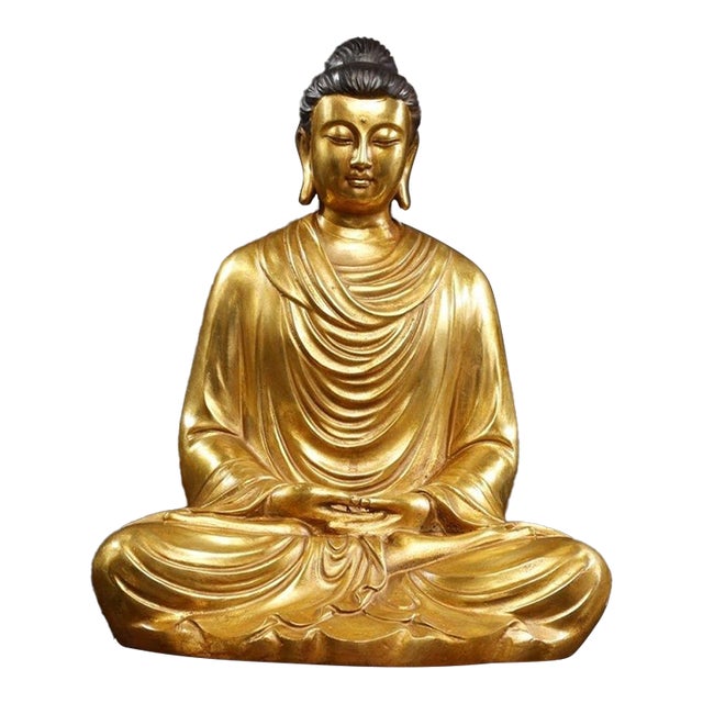 Late 19th Century Gilt Bronze Buddha Statue, Seated Tathagata Figure, 3.27kg For Sale