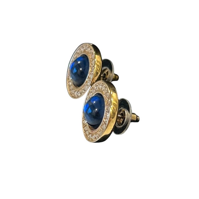 Metal Vintage Monet Gold-Tone Earrings With Blue Cabochon and Rhinestone Accents, A Pair For Sale - Image 7 of 9