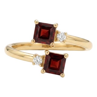 18k Yellow Gold Plated Two-Stone Princess Cut Garnet & Cz Bypass Ring Us 7 For Sale