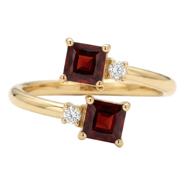 18k Yellow Gold Plated Two-Stone Princess Cut Garnet & Cz Bypass Ring Us 7 For Sale