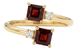 18k Yellow Gold Plated Two-Stone Princess Cut Garnet & Cz Bypass Ring Us 7