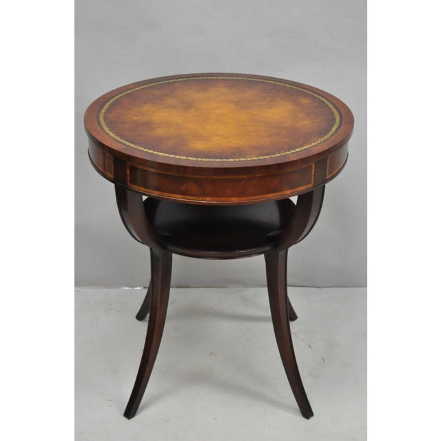 Weiman Vintage Weiman French Regency Round Mahogany Leather Top Saber Leg Side Table For Sale - Image 4 of 11