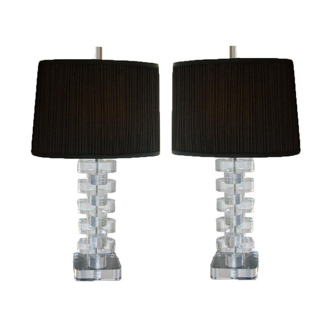 MidCentury Lucite Lamps With Custom Shades and Lucite Finials a Pair