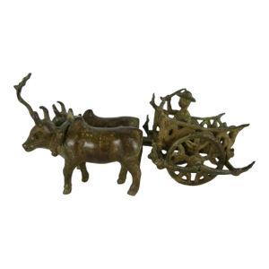 Vintage Khmer Style Bronze Ox Cart Statue . Carriage With Driver . Mid-Century Asian