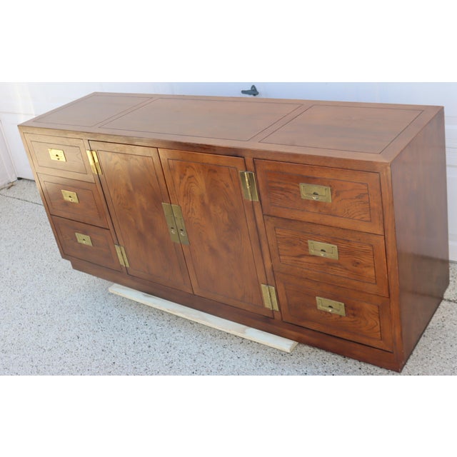 Henredon Vintage Henredon Campaign Style Oak & Brass Sideboard / Credenza For Sale - Image 4 of 14