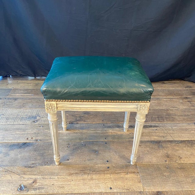 French French Louis XVI Leather Stool Bench or Ottoman With Original Paint For Sale - Image 3 of 10