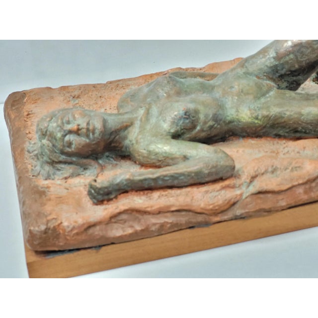 Wood 1990s Vintage Clay Art Nude Women Laying Sculpture Wall Hanging For Sale - Image 7 of 11