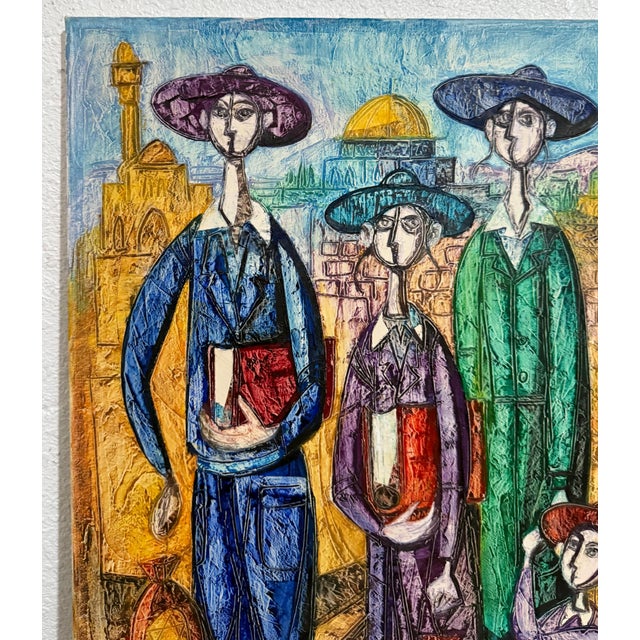 Jossi Stern, Jerusalem Hasidic Family Oil Painting Israeli Judaica Yossi Stern Bezalel School For Sale - Image 4 of 10