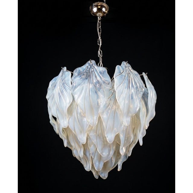 Vintage chandelier with leaves of real, original murano opal glass, mazzega style, 1980s. Round in shape, suitable for any...