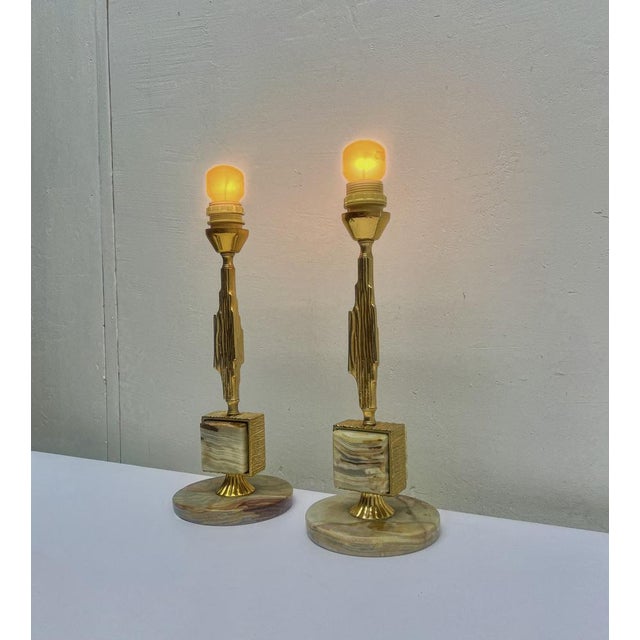 Brass and Onyx Table Lamps in the style of Maison Jansen, 1970s, Set of 2 For Sale - Image 9 of 14