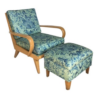 Heywood Wakefield Upholstered Lounge Chair and Ottoman For Sale